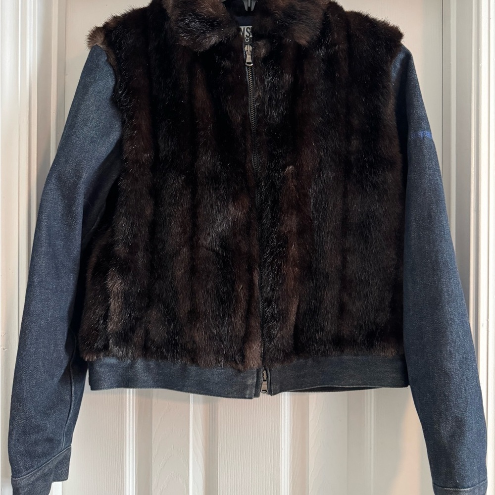Iceberg Brown Faux Fur and Denim Jacket